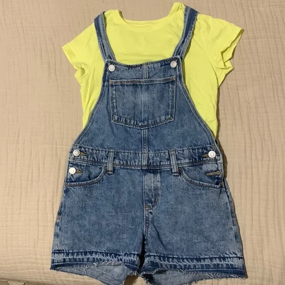 Old Navy Girls Denim Shortalls Overalls Shorts Size L 10/12 - Picture 1 of 4